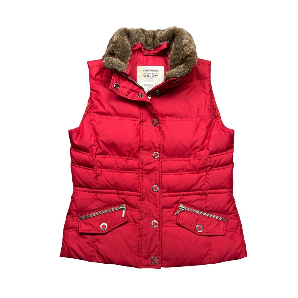 Y2K Eddie Bauer Red Goose Down Puffer Vest 700 Fill Power Faux Fur Trim Womens M